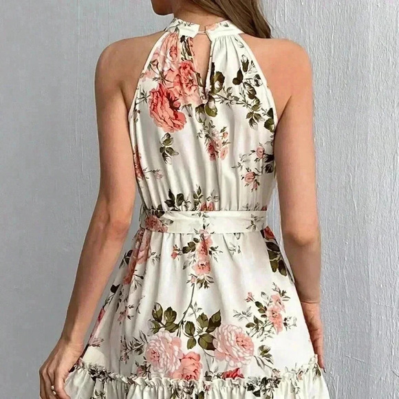 Multicolor Boho Women's Floral Printed A-Line Halter Neck Dress - Picture 2 of 6